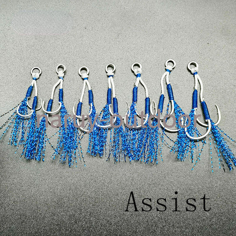 20 Pair Solid Ring Double Assist Barbed Hooks Blue Feather Fishing Slow Jig