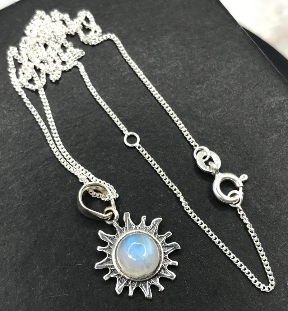 Rainbow moonstone pendant earrings set, solid Sterling silver, sun, gift box.