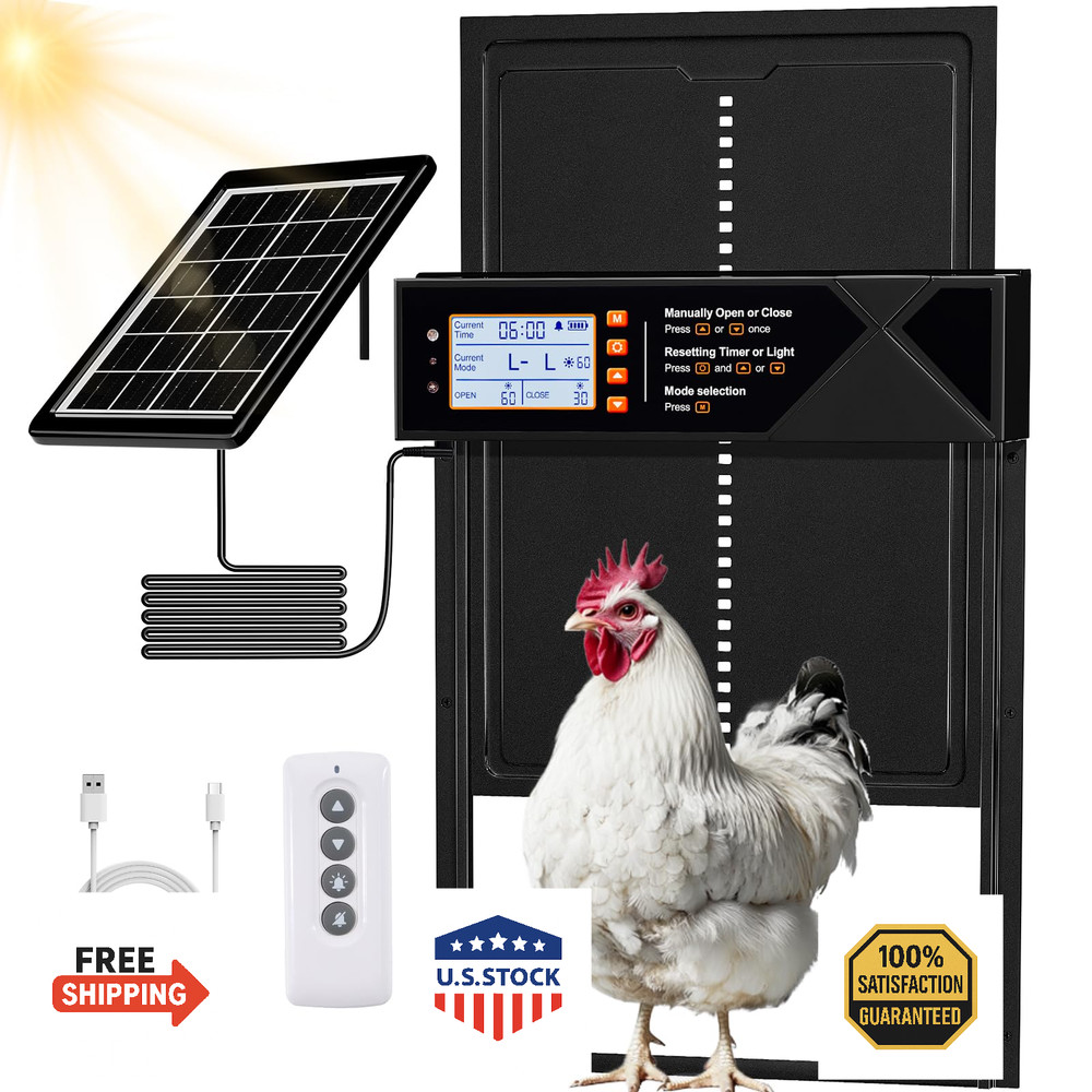Automatic Solar Powered XL Chicken Coop Door - 4 Modes, Timer, Light Sensor, Rem