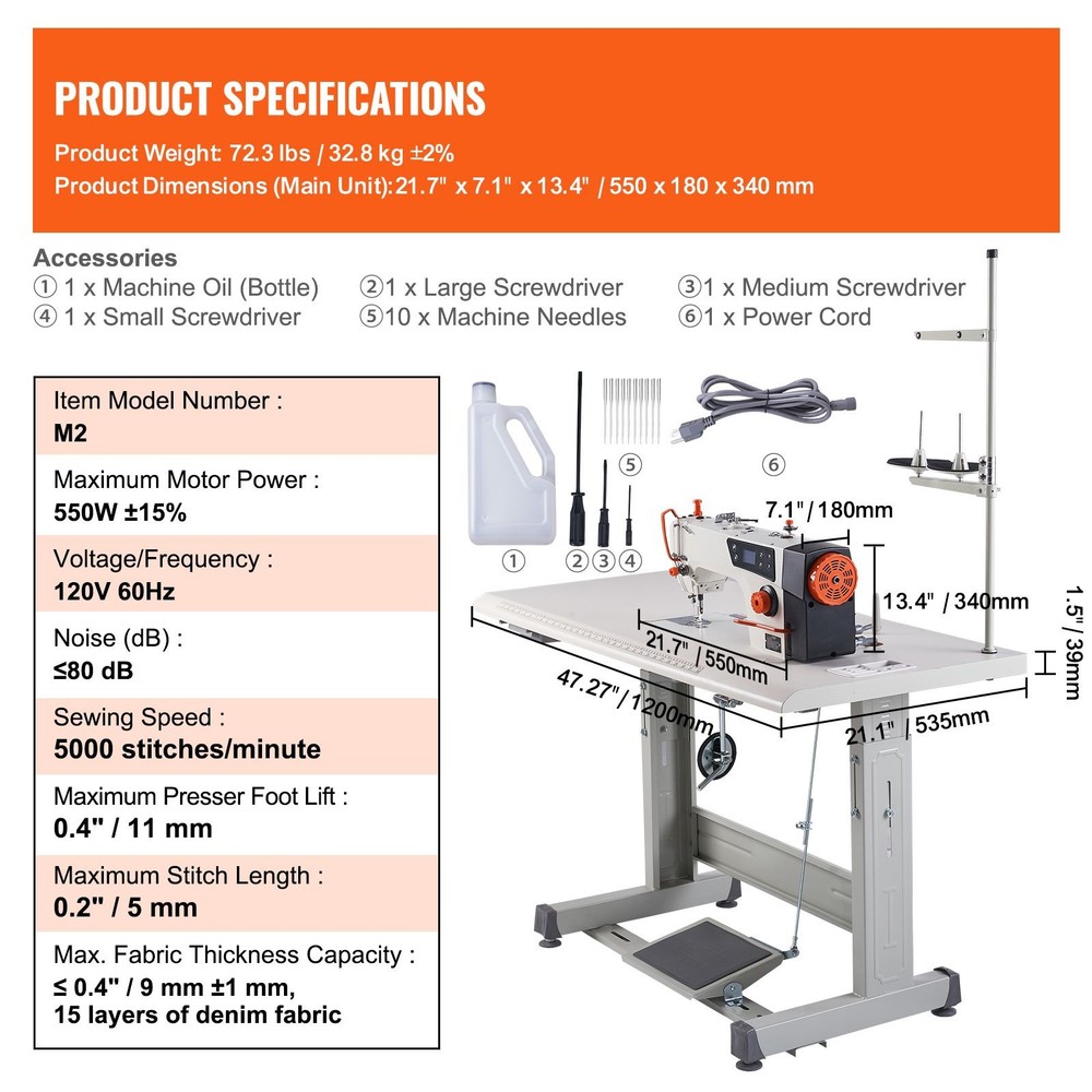 550W Servo Lockstitch Sewing Machine: 5000spm, 0.4" Thick Material