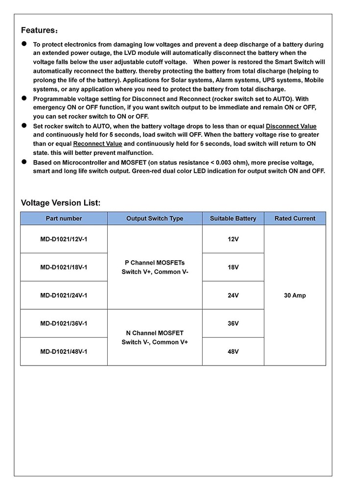 18V 30Amp Low Voltage Disconnect Module LVD Battery Protection Controller