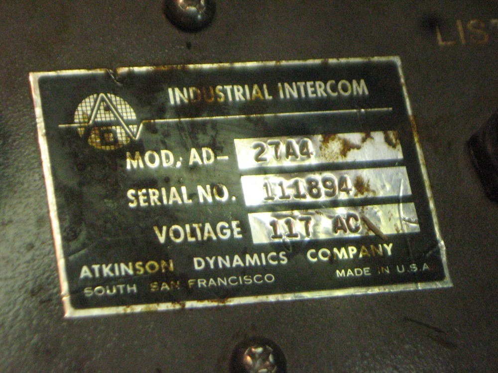 ATKINSON DYNAMICS INDUSTRIAL INTERCOM AD27 A 4 # 1