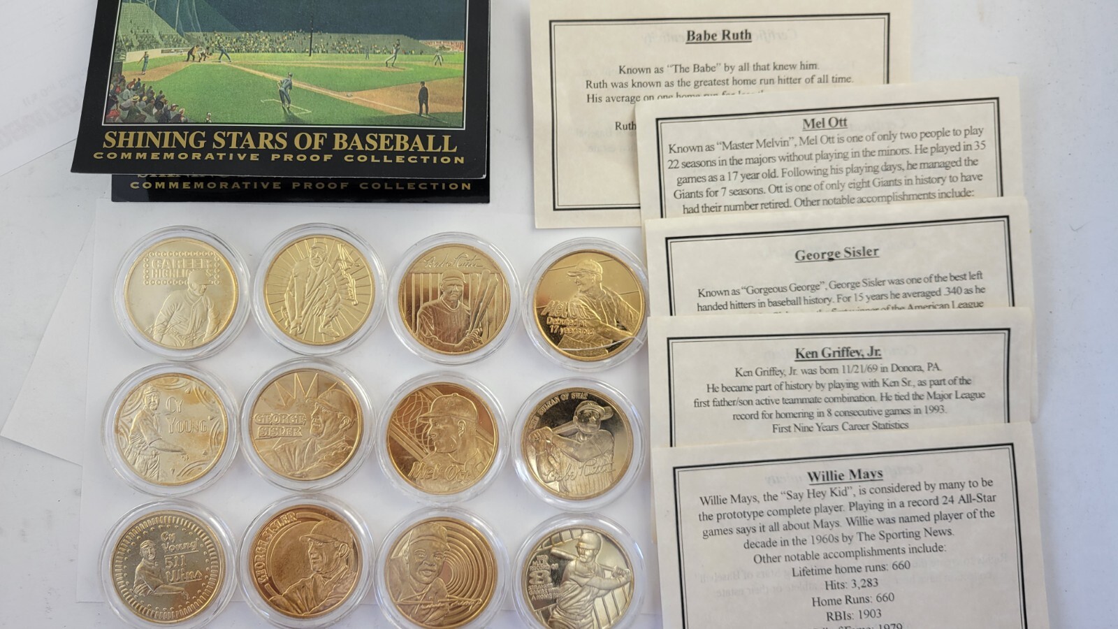 12pc.Shining Stars of Baseball Plated 24KT Gold: CyYoung, Bebe Ruth, Willie Mays