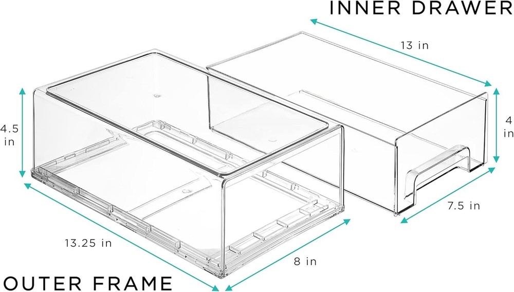 Medium Clear – 2-Pack Plastic Organizer Bins with Handles – Stackable Pull-Ou...