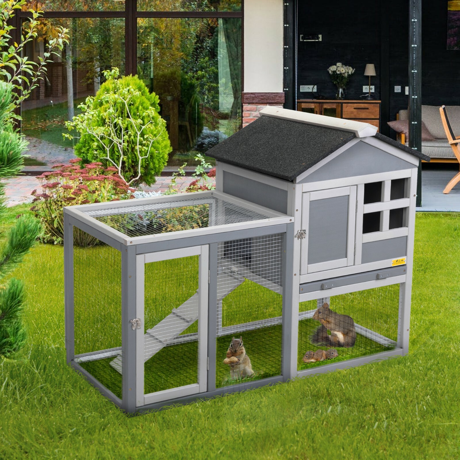 2-Tier Rabbit Hutch Wooden Bunny Cage Pet Cage with Run Resting Box Outdoor