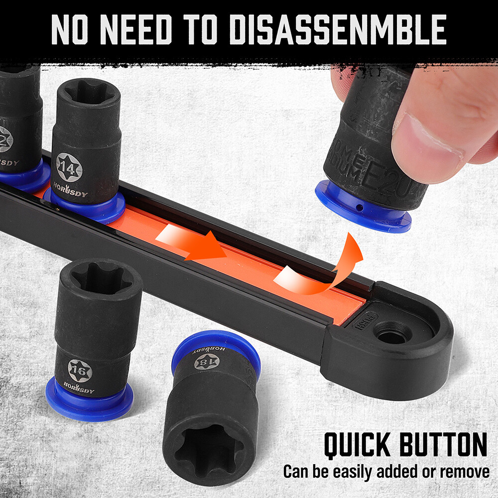 New 13pc Female E Torx Torque Star Socket Bit Set on Snap in Rail E4-E20