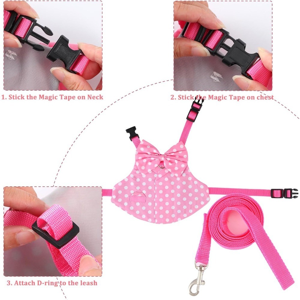 Pink Polka Dot Rabbit Harness and Leash Set Cute Easter Bunny Suit with Bow for