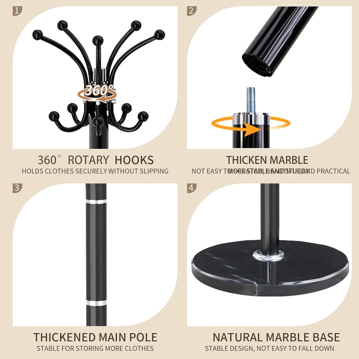 Metal Heavy Duty Coat Rack Stand with Natural Marble Base Modern Coat Rack