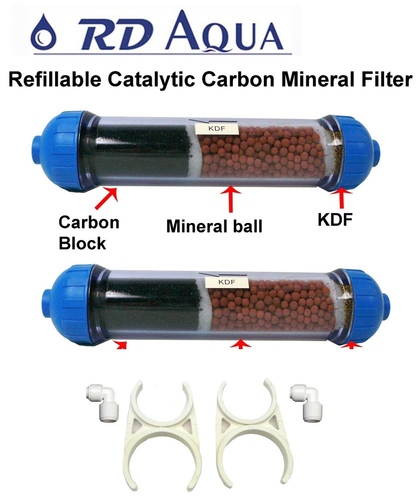 2 Clear Refillable Catalytic Carbon Mineral KDF 55 Inline Filter RO system