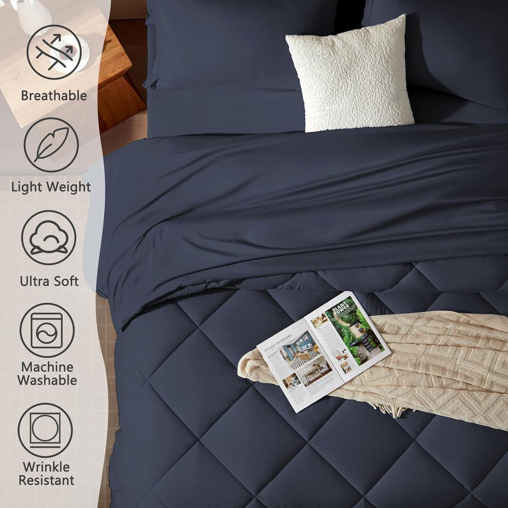 Queen Comforter Set Navy Blue, 3 Pieces Comforters Queen Size Solid Quilted Bedd