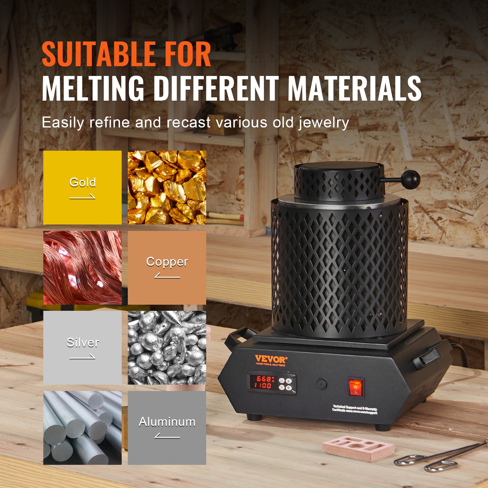 VEVOR Gold Melting Furnace 1350W Electric Digital Smelting Furnace 2 Crucibles