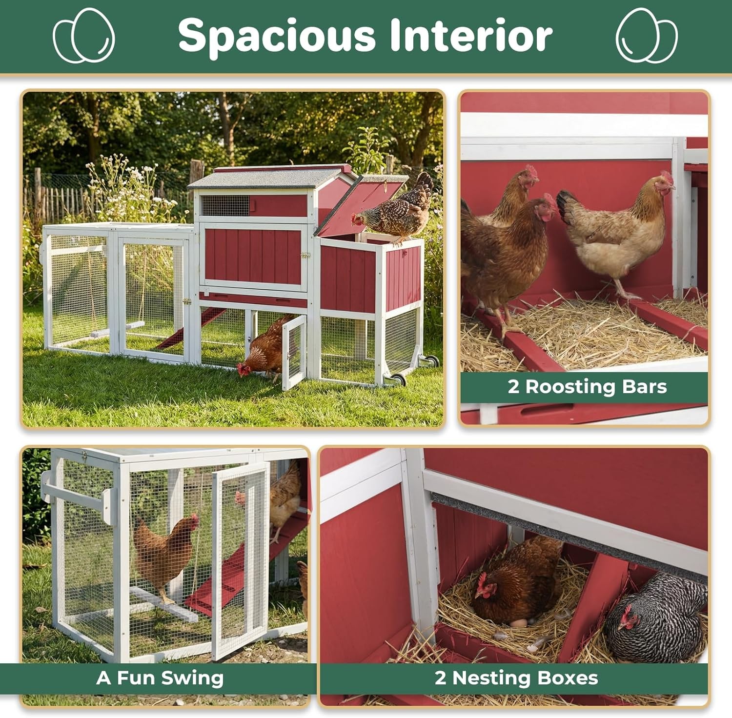 PETSCOSSET Outdoor Chicken Coop, Large Chicken House with Nesting Box, Red