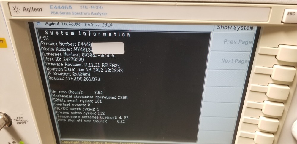 Spectrum Analyzer 44 GHz Agilent E4446A WORKS OK! Options, High Performance, USB