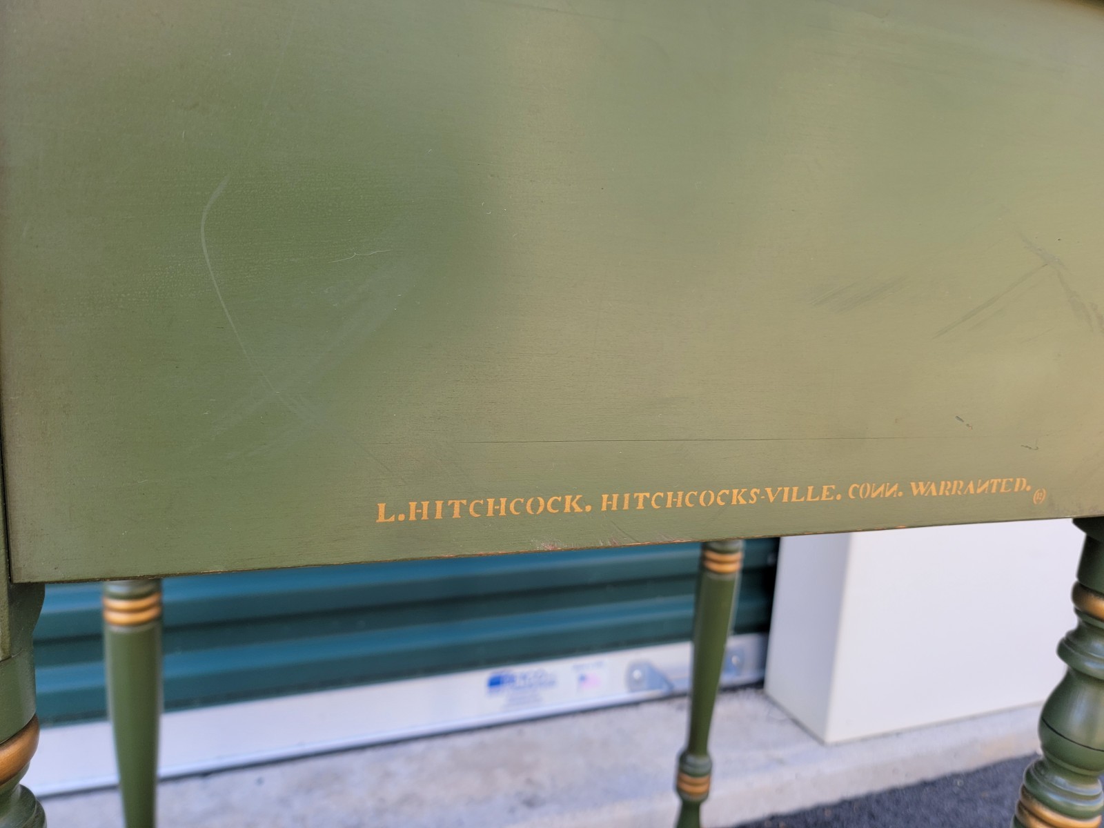 L. Hitchcock 2-drawer End/Side/Work Table Dark Green Stenciled drawers