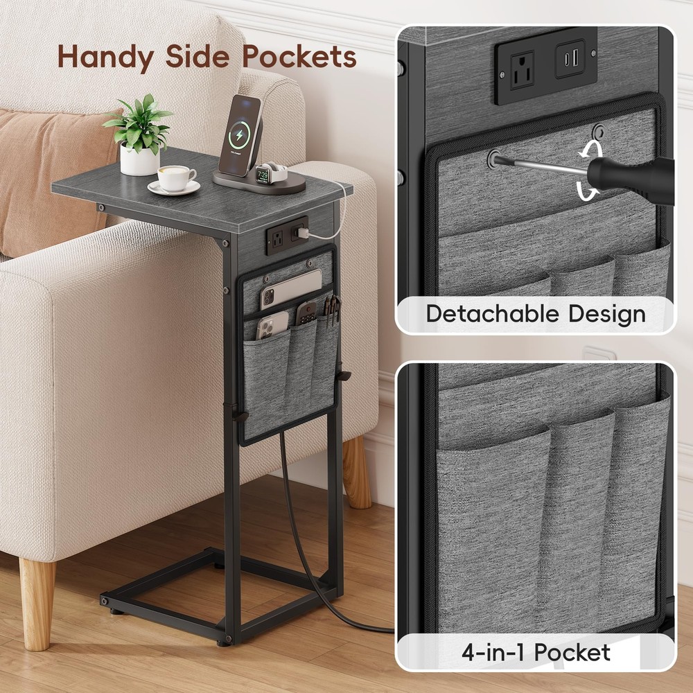 Vagusicc C Shaped End Table with Charging Station, C Table End Table Adjustable