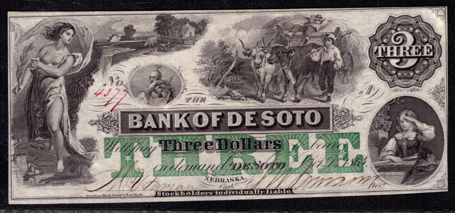 1863 $3 BANK OF DE SOTO NEBRASKA GREEN OVERPRINT OBSOLETE NOTE PMG CU 64 EPQ