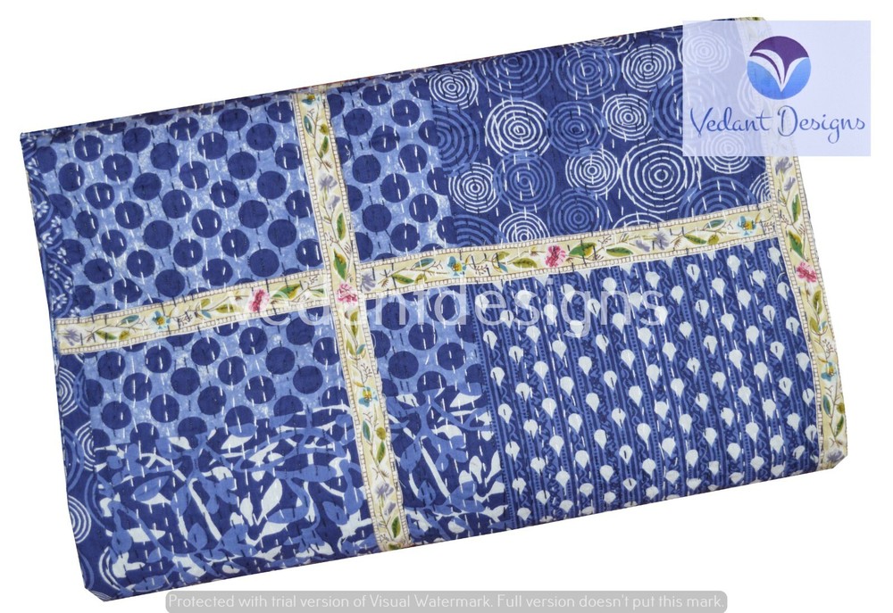 Indian Handmade Patchwork Kantha Quilt Reversible Bedspread Single Cotton