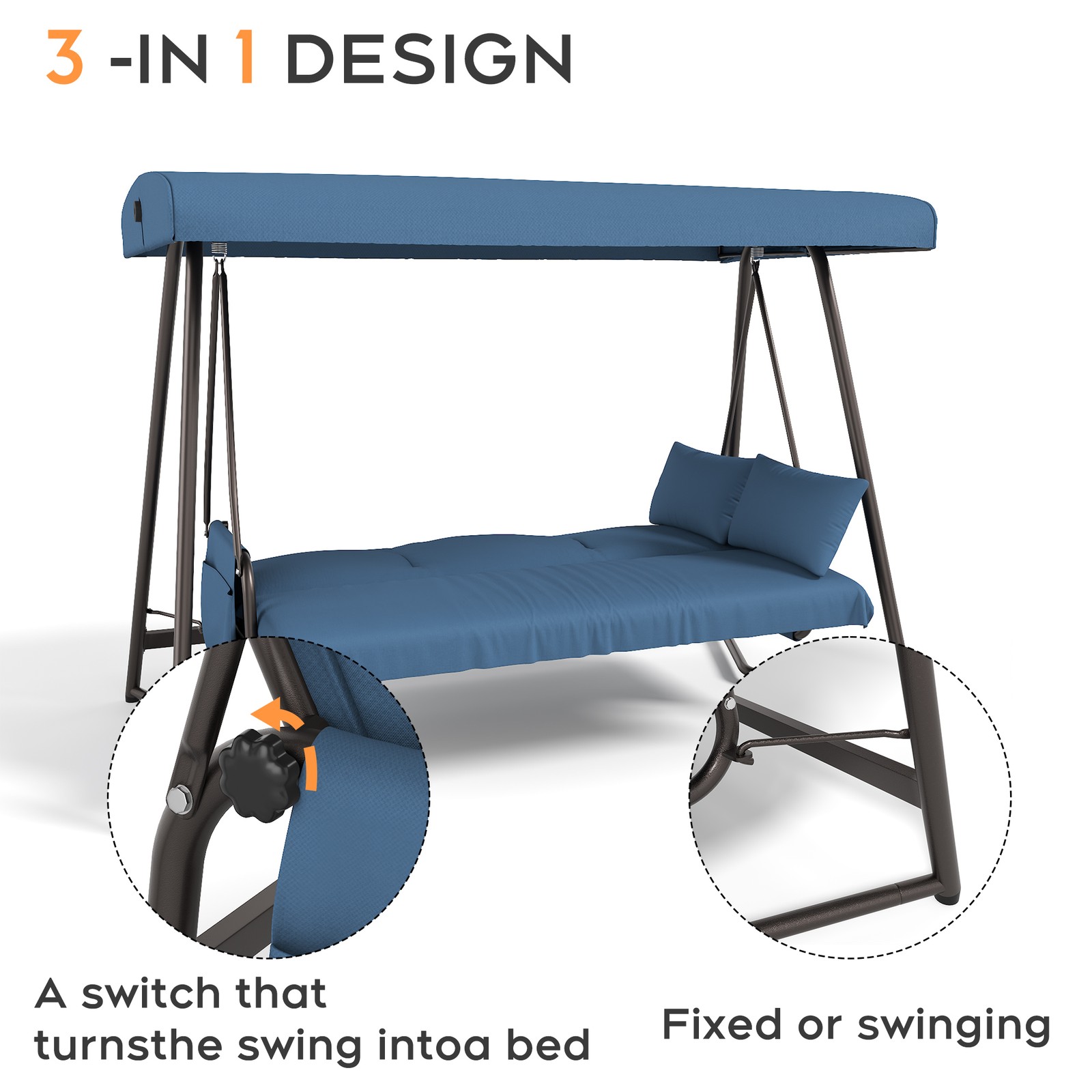 3-Seat Outdoor Patio Swing Bed with Adjustable Canopy Steel Frame Blue