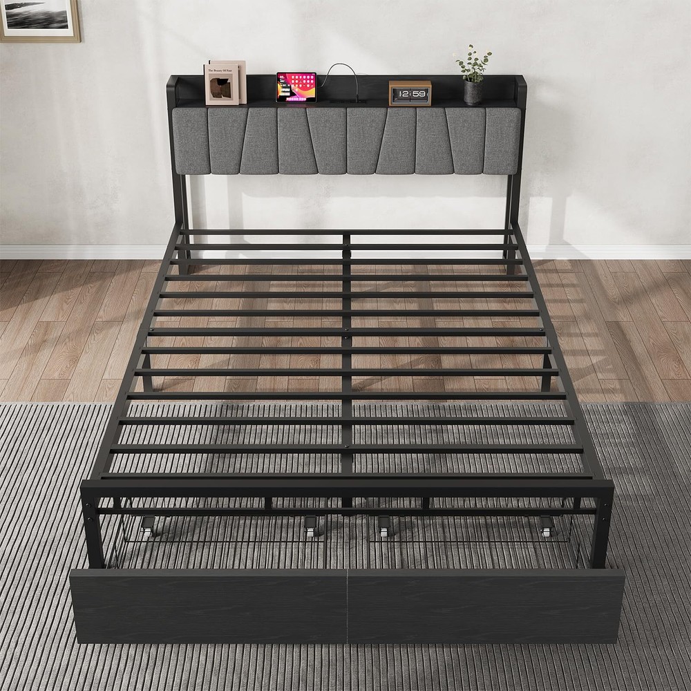 Full Bed Frame with Headboard Platform Bed Frame w/2 Drawer and Charging Station