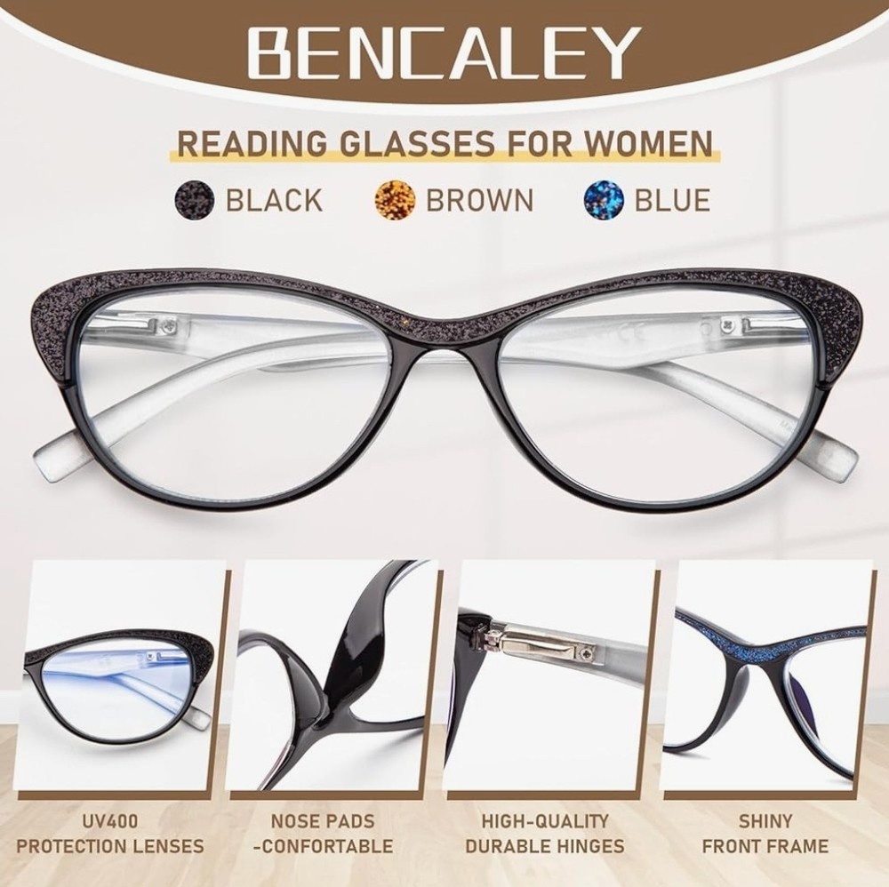 3 Pack 1.75x Reading Glasses Blue Light Blocking Stylish Cat Eye Computer Read