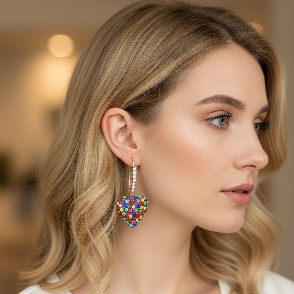 Betsey Johnson Stone Heart Dangle Earrings Rainbow Pave Stones Crystal Accents.