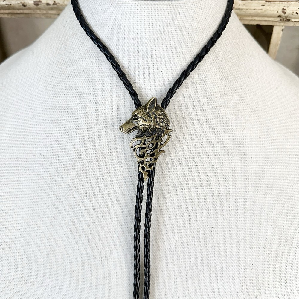 Western Wolf Gold Tone Bolo Tie