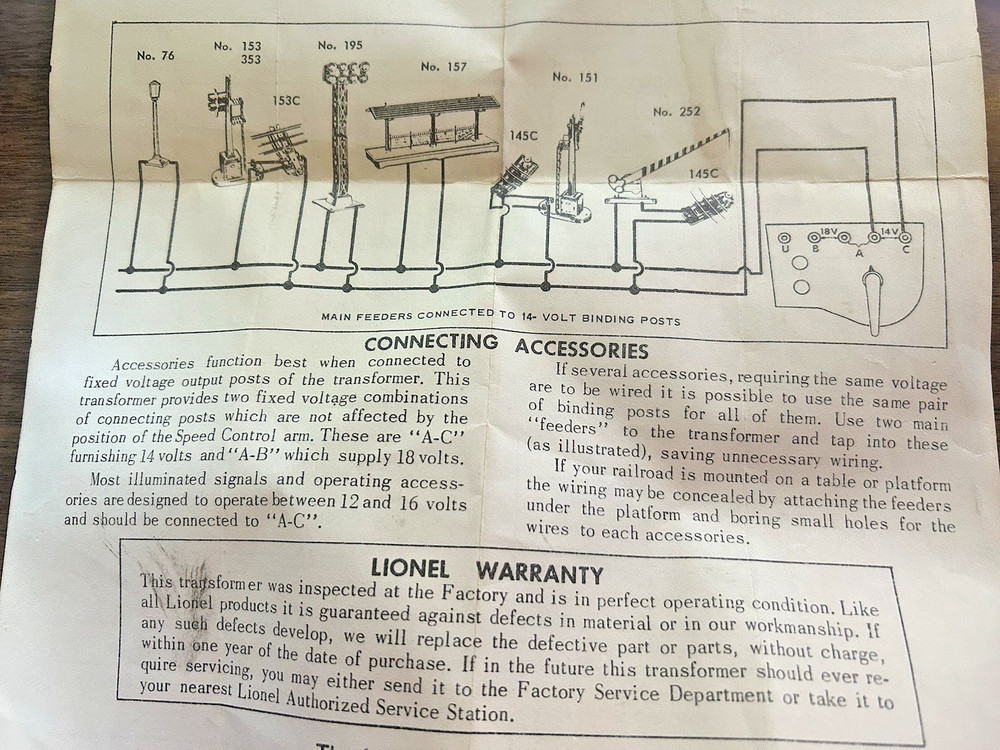 LIONEL LW MULTI CONTROL TRANSFORMER INSTRUCTION Dated 6/60 Postwar