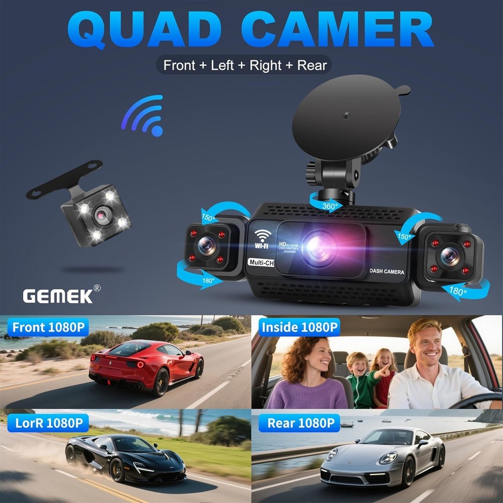 360° View 4 Channel Dash Cam 2K Front Rear Inside G-Sensor