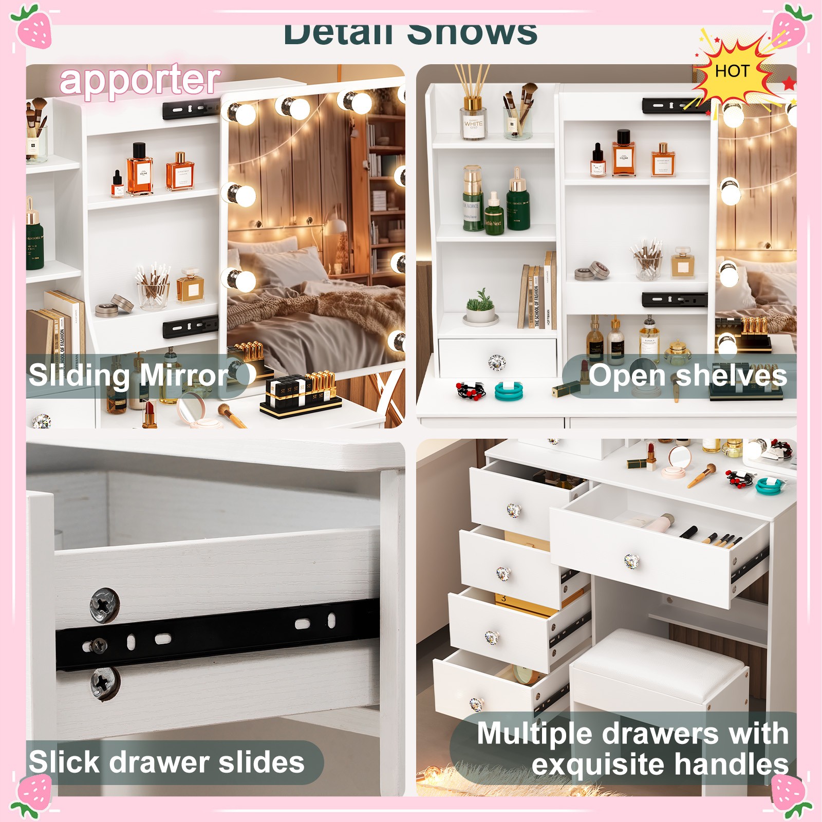 10 LED Lights w/3 Colors Mirror &Drawer Dresser Table Makeup Desk for Xams gifts