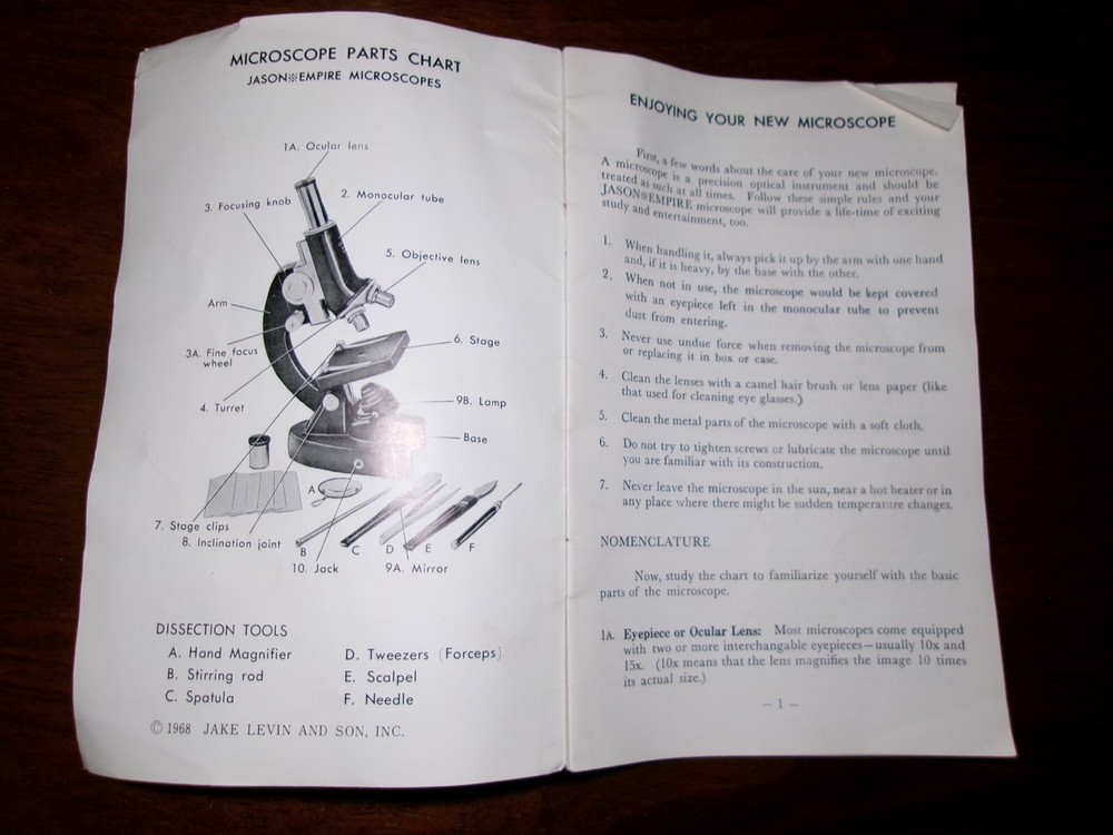 1968 Jason Empire Microscope Model No 708 in Vinyl Case w/ Tools & Instructions