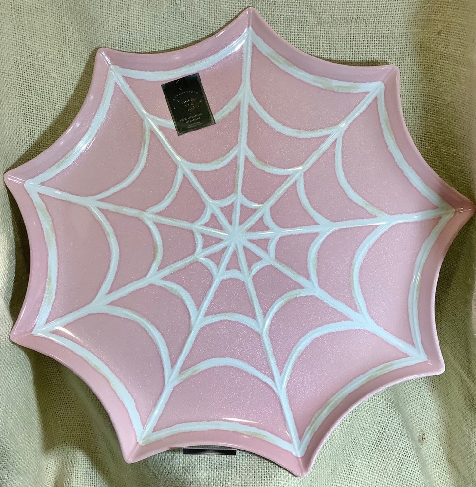 NEW SPOOKY NIGHT pink iridescent SPIDER WEB melamine serving tray SUMMERWEEN