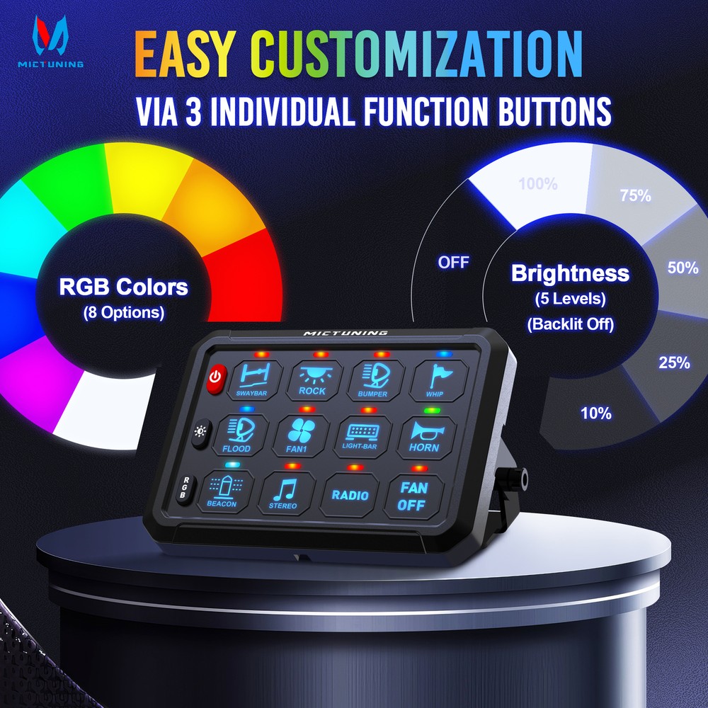 MICTUNING P1B RGB 12 Gang Switch Panel, Momentary Strobe Flash Pulsed Switch Pod