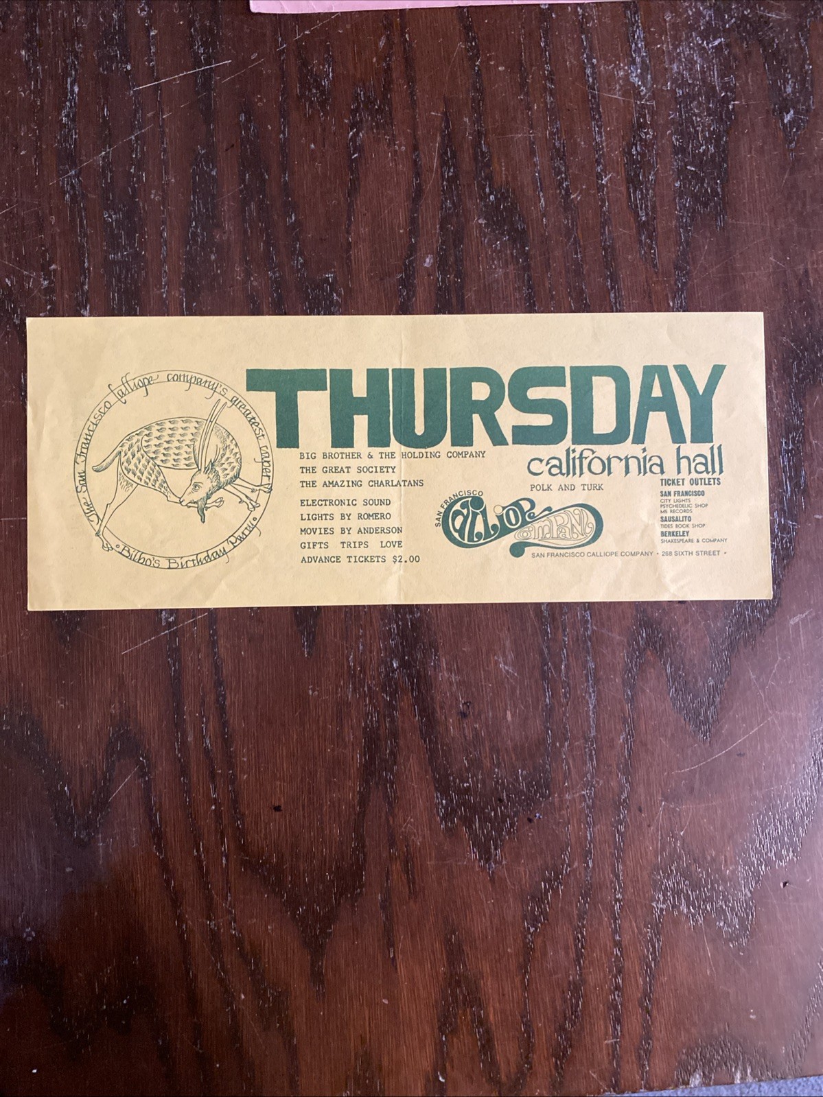 Big Brother Joplin Great Society Handbill Flyer 1966 California Hall AOR 2.156