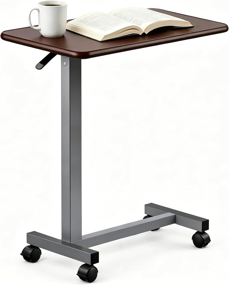 Adjustable Overbed Table W/ Wheels Pneumatic Height Lift Rolling Bedside Table