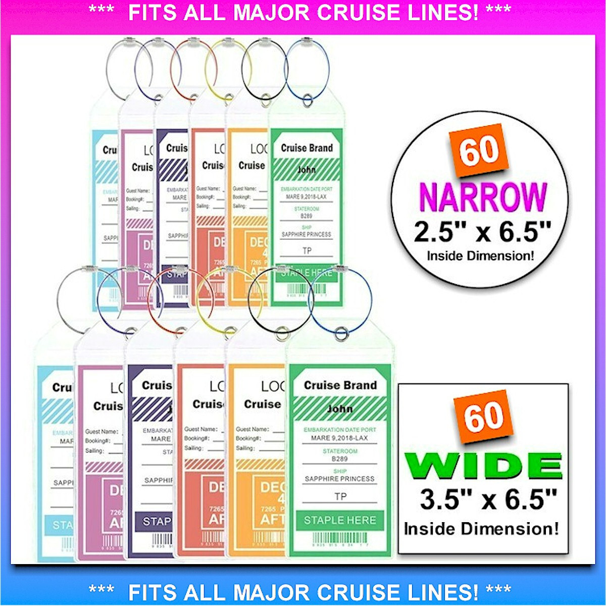 *WHOLESALE!* 120X! REUSABLE Cruise Luggage Tag/eTag Holder *60 Narrow & 60 Wide*