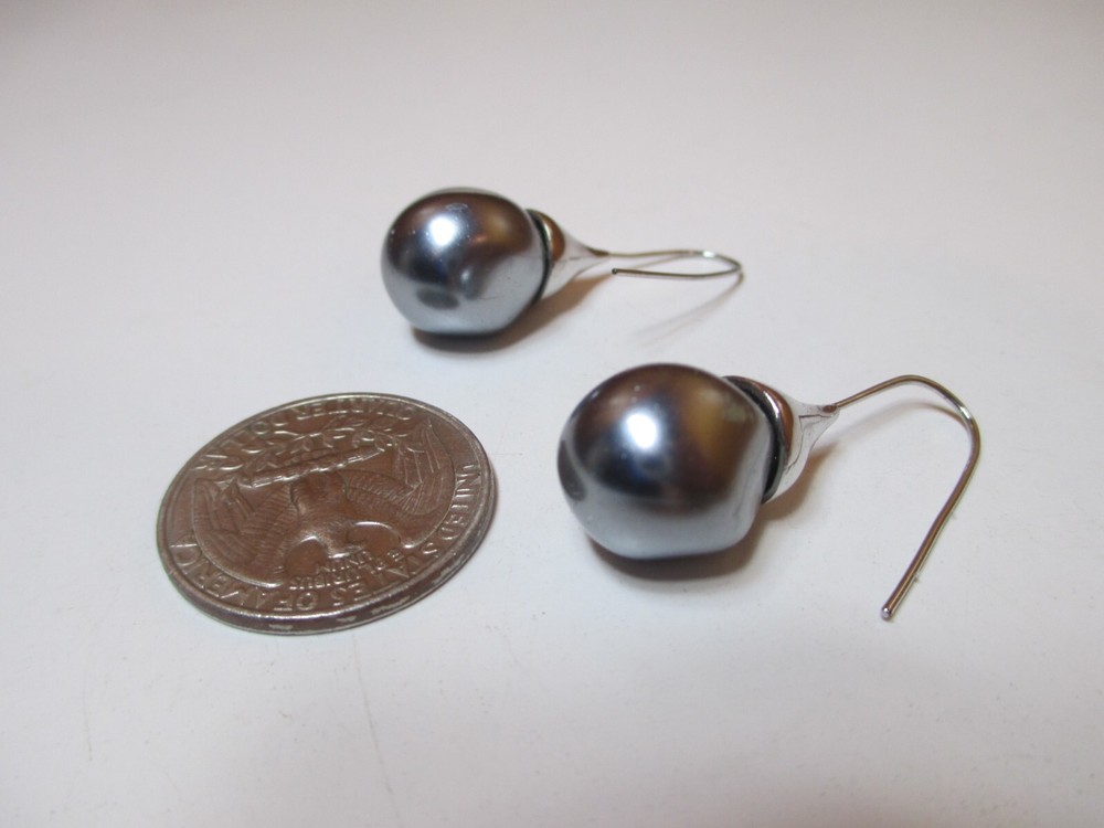 Costume Round Oblong Bead 1 1/2" Silver Tone Dangle Earrings Boho Style Hook