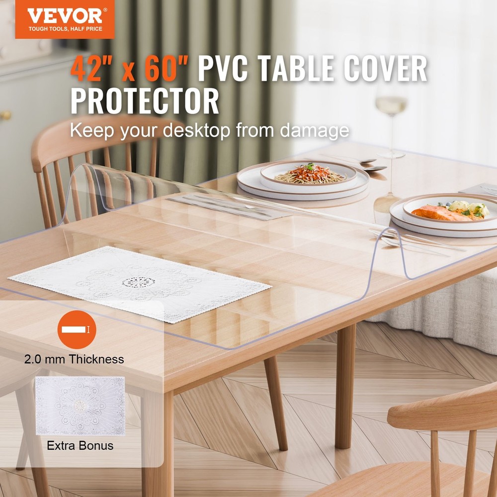Plastic Table Cover, 42 x 60 Inch 2.0 mm Thick Clear Table Protector, Rectangle