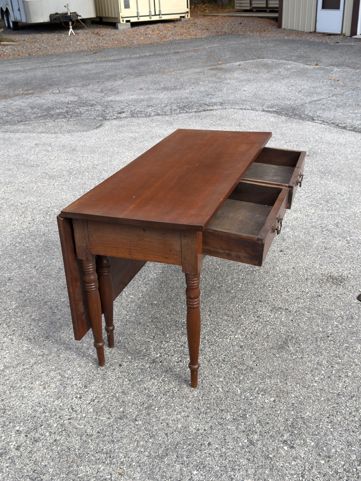 Antique Sheraton 2 drawer console work foyer table walnut 1820 country farmhouse