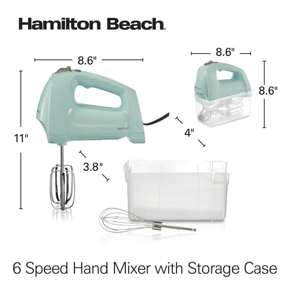 Hamilton Beach 6 Speed Hand Mixer with Quickburst, Includes Snap-On Case, 3 Atta
