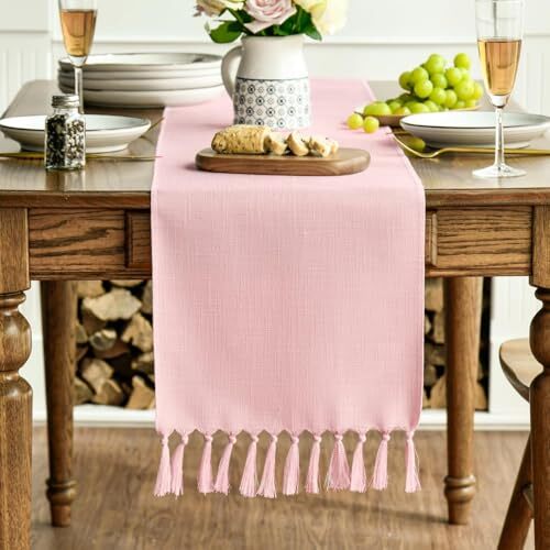 Tassel Table Runner, Linen Blend Rustic 13" x 36", Table Runner Blush Pink