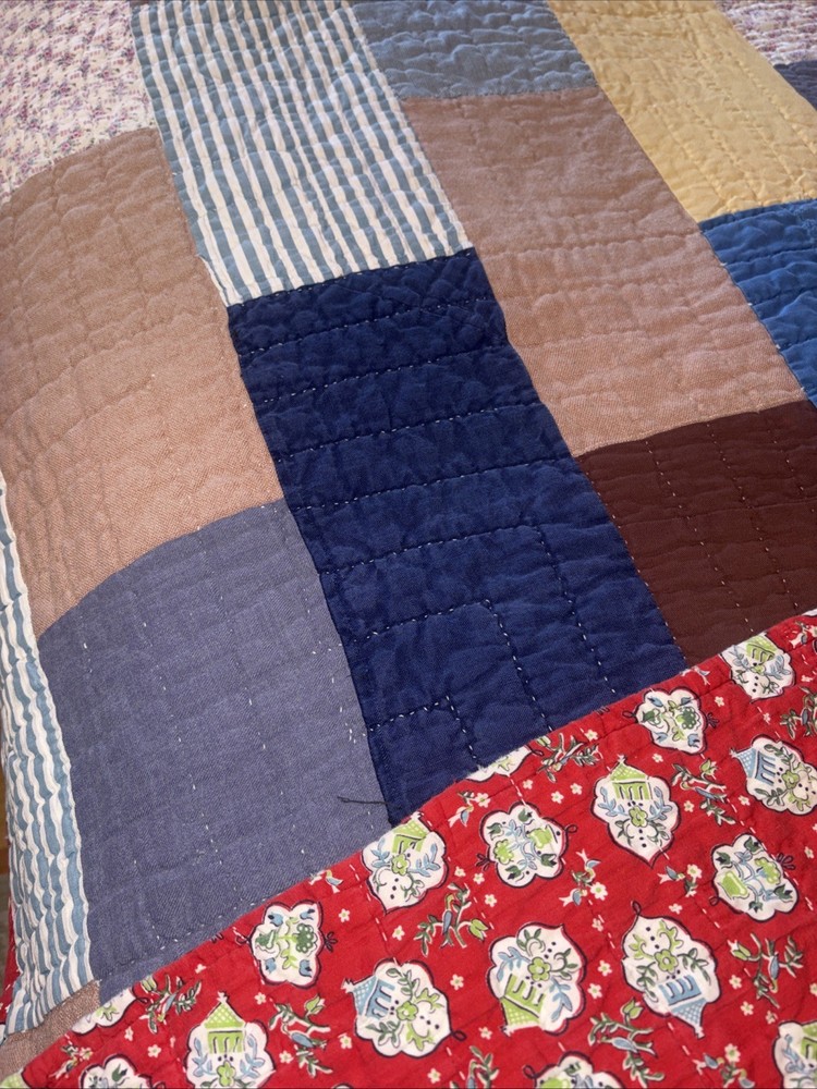 Vintage Hand Quilted Patchwork Quilt Primitive Full 1940s