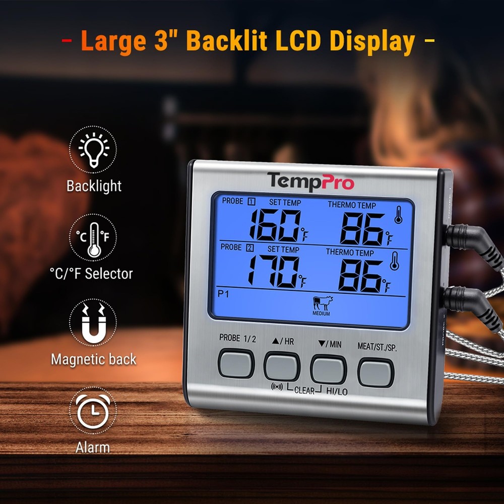 TempPro TP17 Dual Probe Digital Cooking Meat Thermometer Large LCD Backlight ...