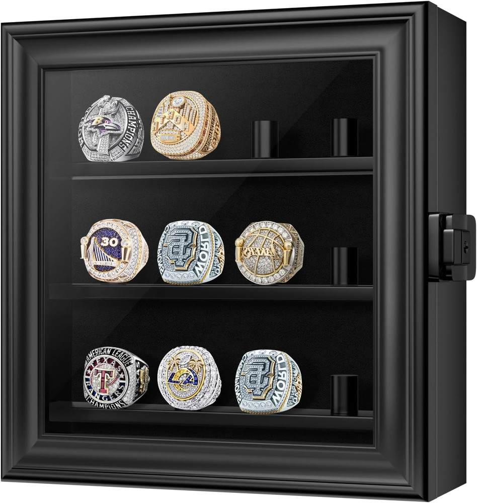 Championship Ring Display Case, 12 Ring Posts Baseball Ring Holder, Wall Mount W