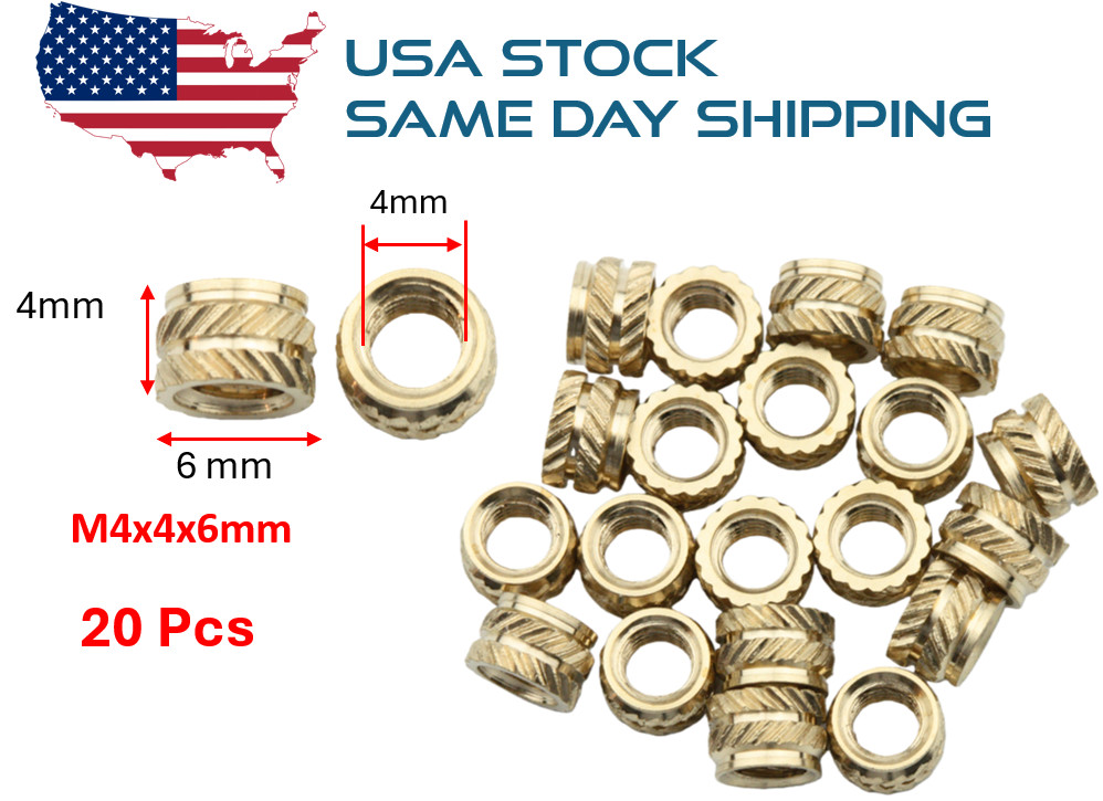 20 Pcs M4 x 4mm Knurled Brass Threaded Heat Set Inserts 3D Printing