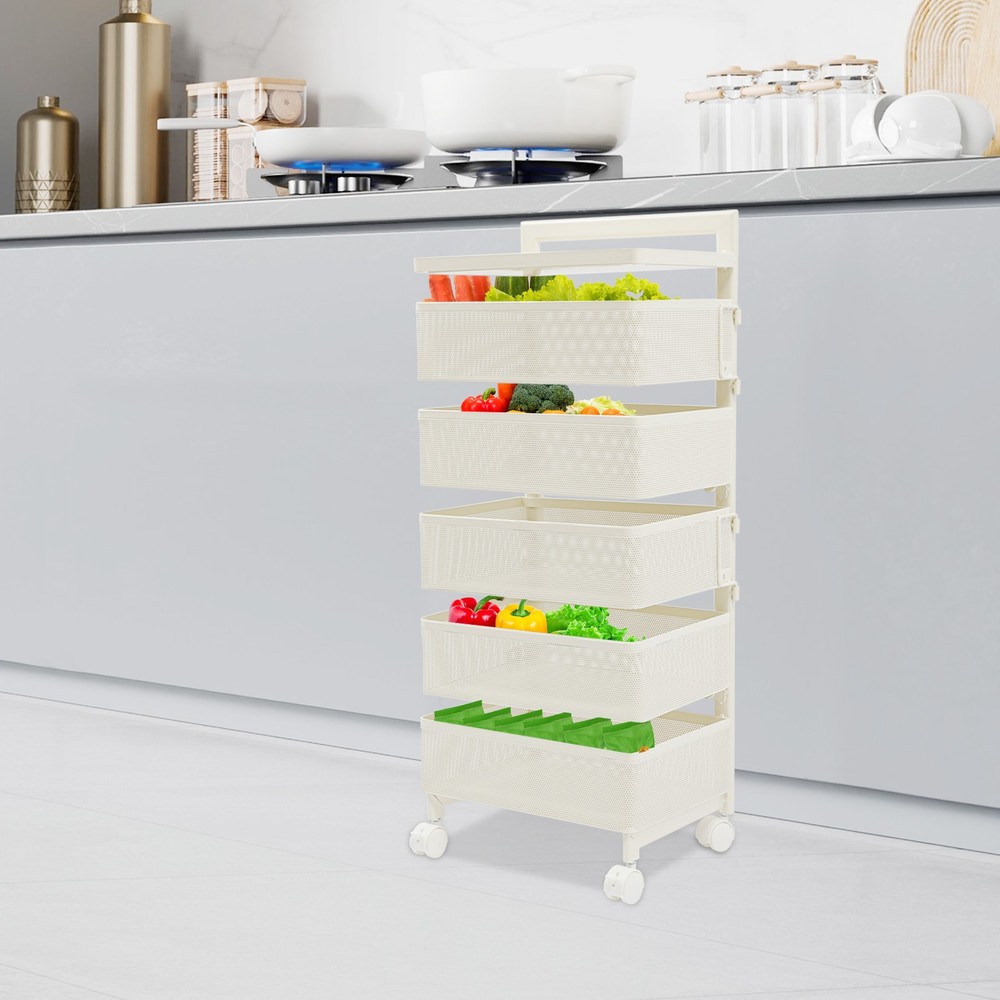 Rotating Storage Rack Rolling Organizing Cart Mobile Kitchen Organizer w/ Basket