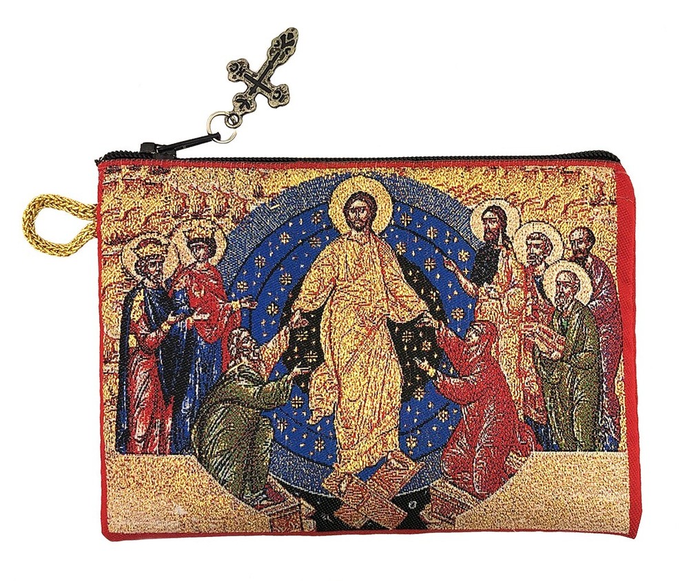 Red Pysanka Ukrainian Hand Painted Wooden Egg Resurrection Icon Tapestry Pouch