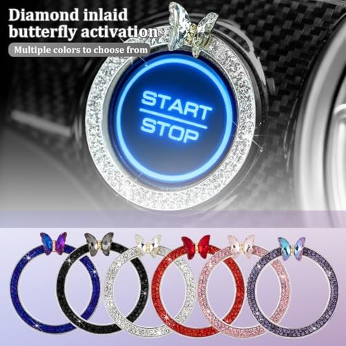 2PCS Bling Butterfly Car Engine Push Start Stop Button Cover Ring, Pink