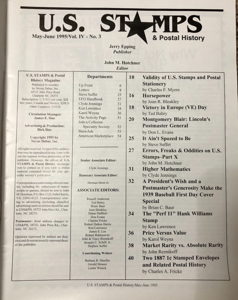 U.S. Stamps & Postal History 1995 Magazine 3 Issues Vol. 4 No. 1,2,3