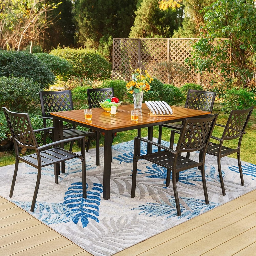 7 Piece Patio Table Set Outdoor Dining Table Chairs Set Stackable Metal Chairs