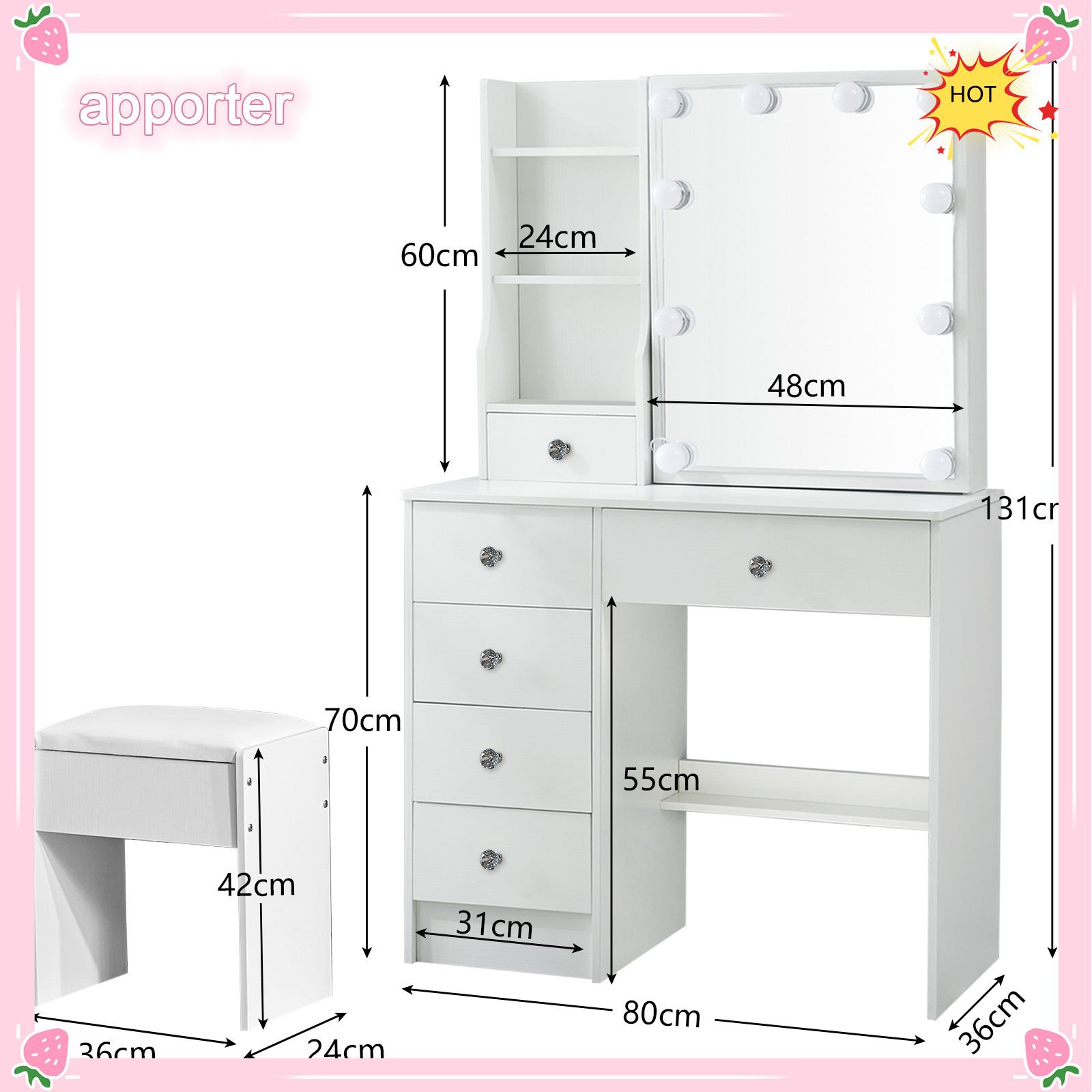 10 LED Lights w/3 Colors Mirror &Drawer Dresser Table Makeup Desk for Xams gifts